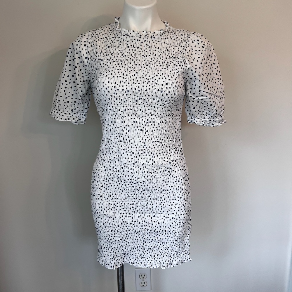 J.Crew White and Navy Polka Dot Smocked Dress